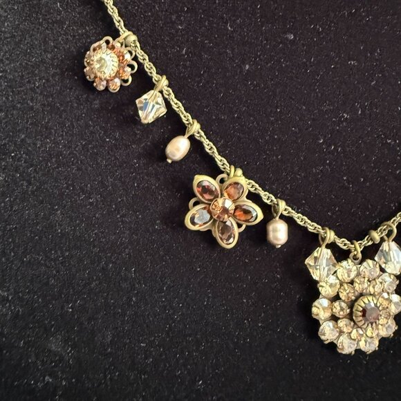 Liz Palacios SF Swarovski Crystal Antique Gold Tone Floral Necklace Brown Amber - Picture 3 of 10